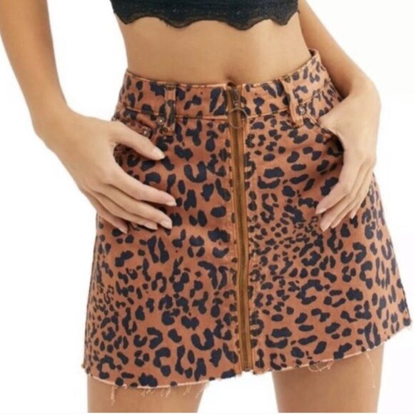We The Free Dresses & Skirts - We The Free Tan Brown Denim Mini Skirt Night Out Frayed Hem Zip Leopard